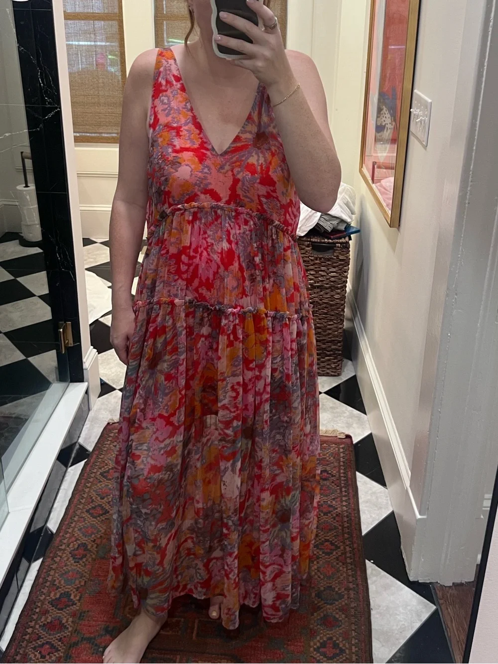 Free People Pink Orange Floral V-Neck Tiered Maxi Dress